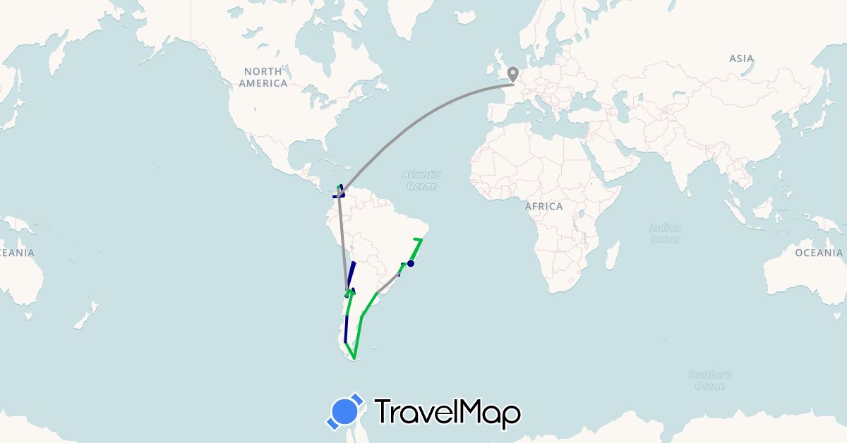 TravelMap itinerary: driving, bus, plane, hiking, motorbike in Argentina, Brazil, Chile, Colombia, France (Europe, South America)